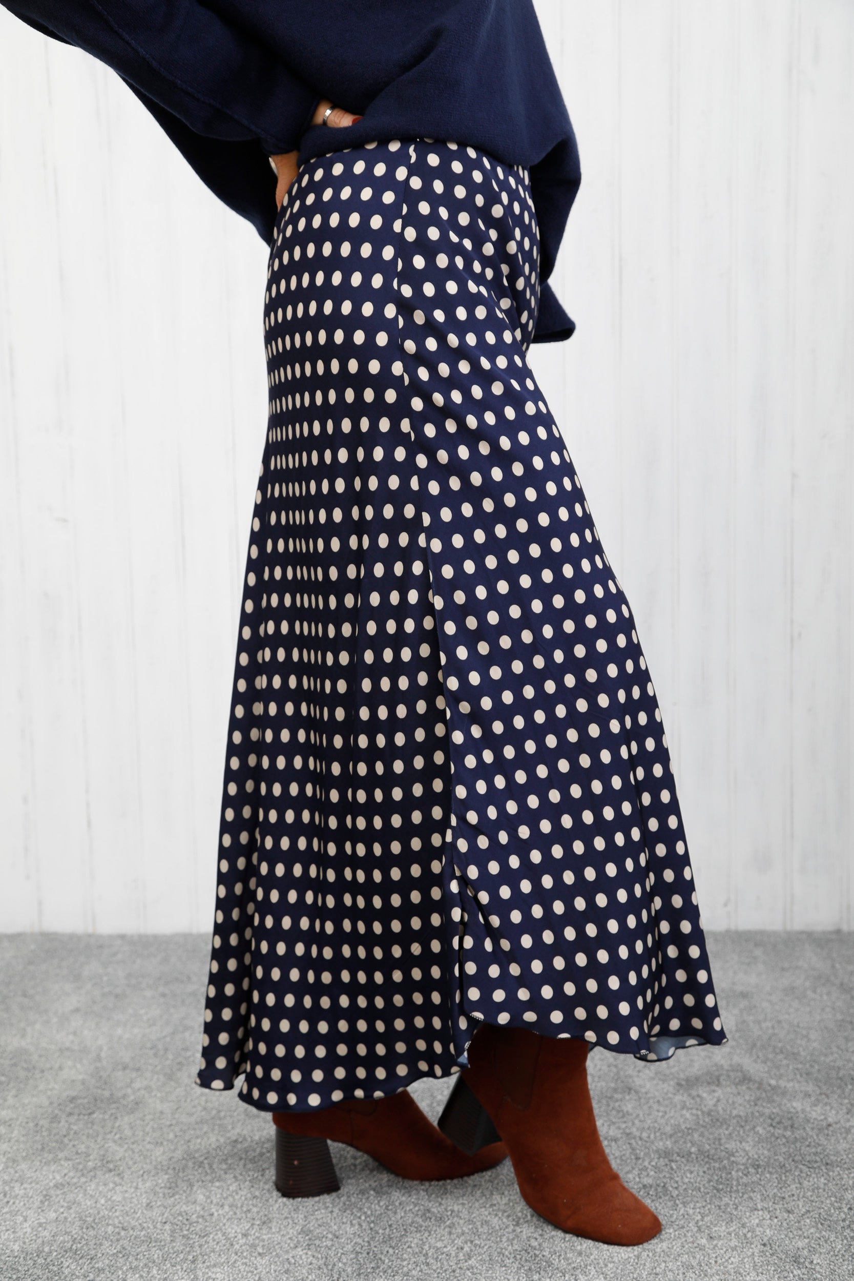 Polka Dot Satin Skirt Navy