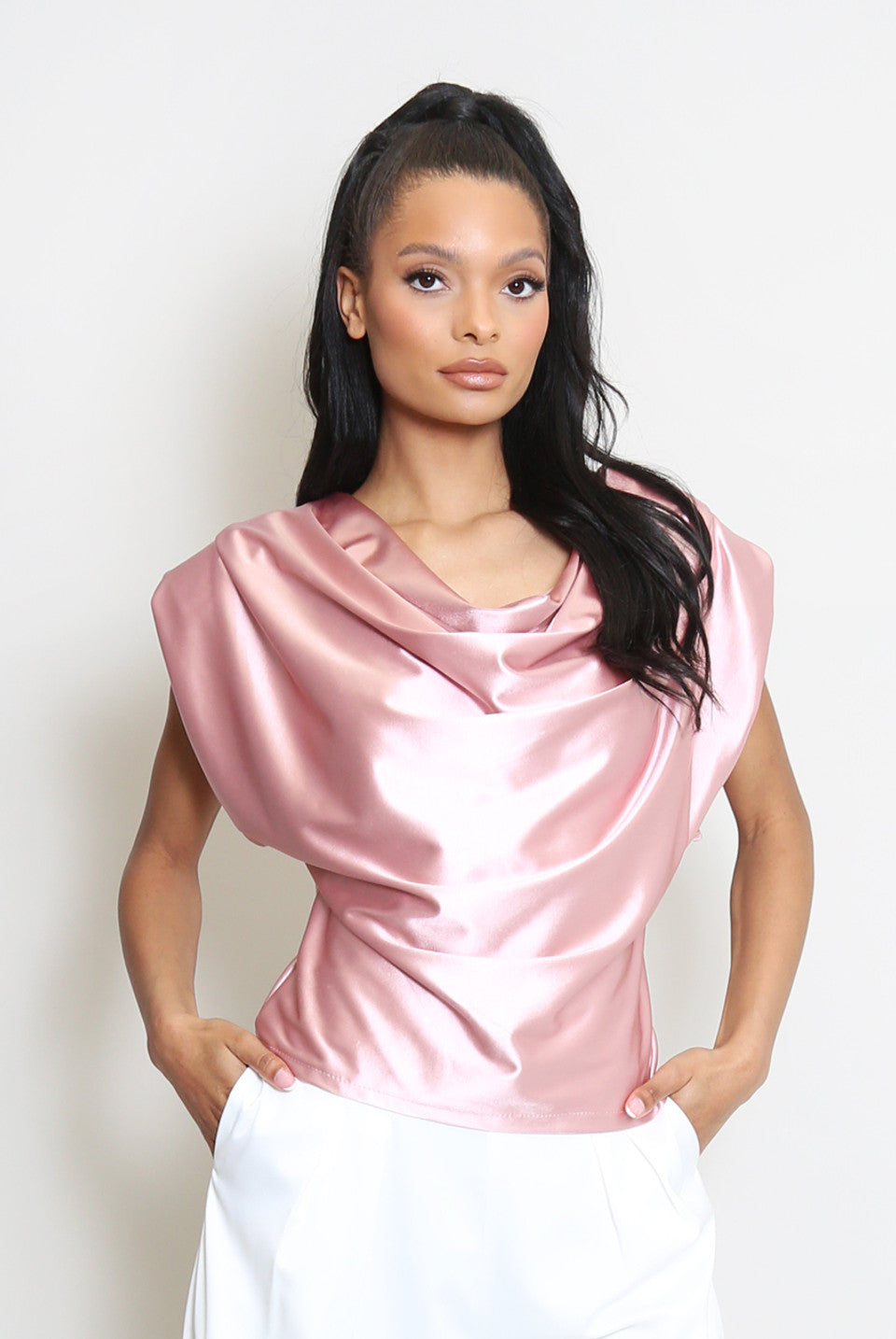 Satin Look Cowl Top Pink