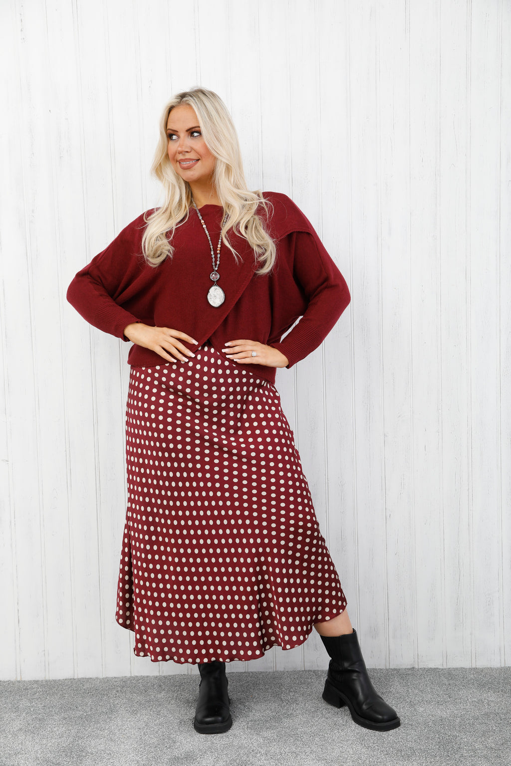 Polka Dot Satin Skirt Burgundy