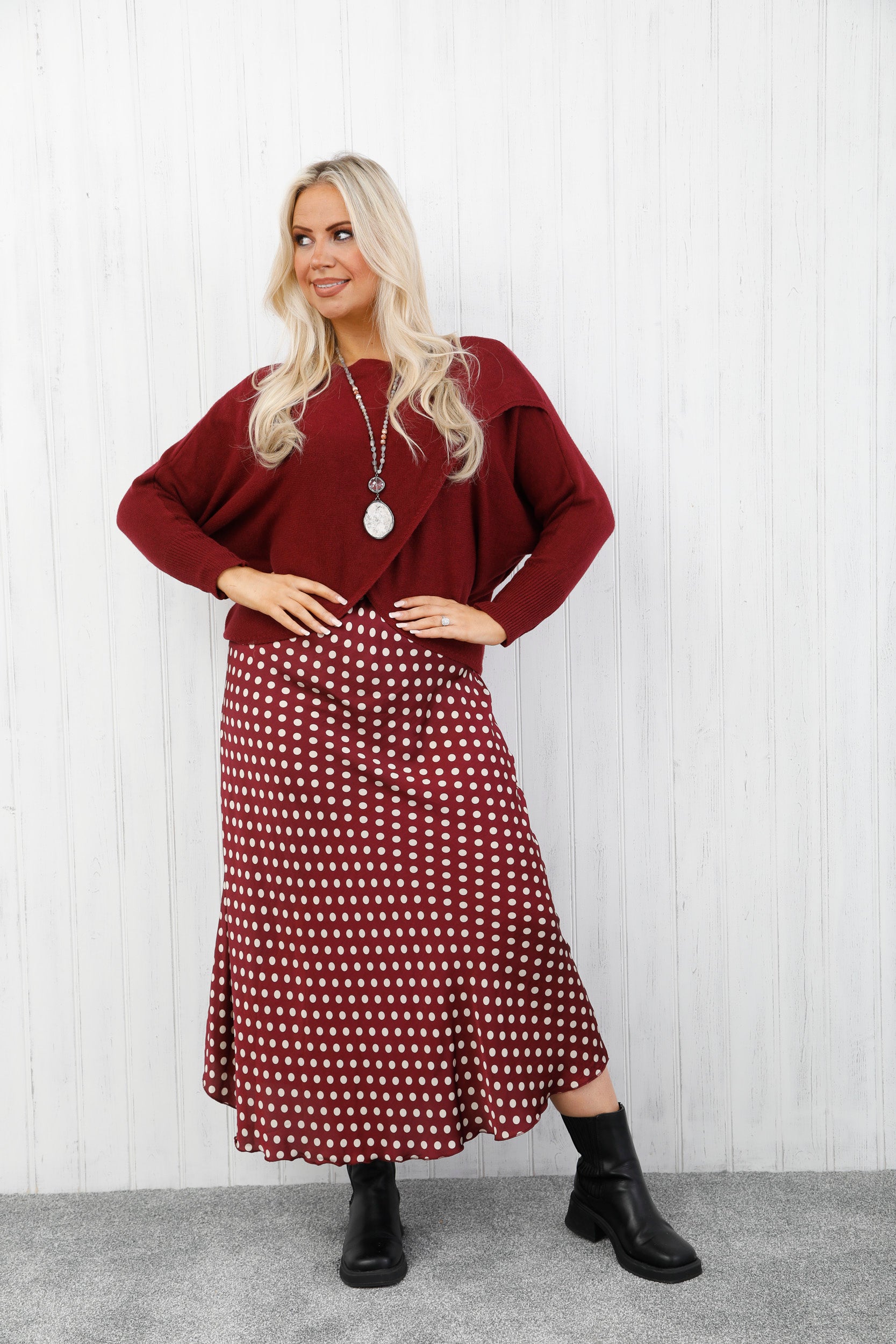 Polka Dot Satin Skirt Burgundy