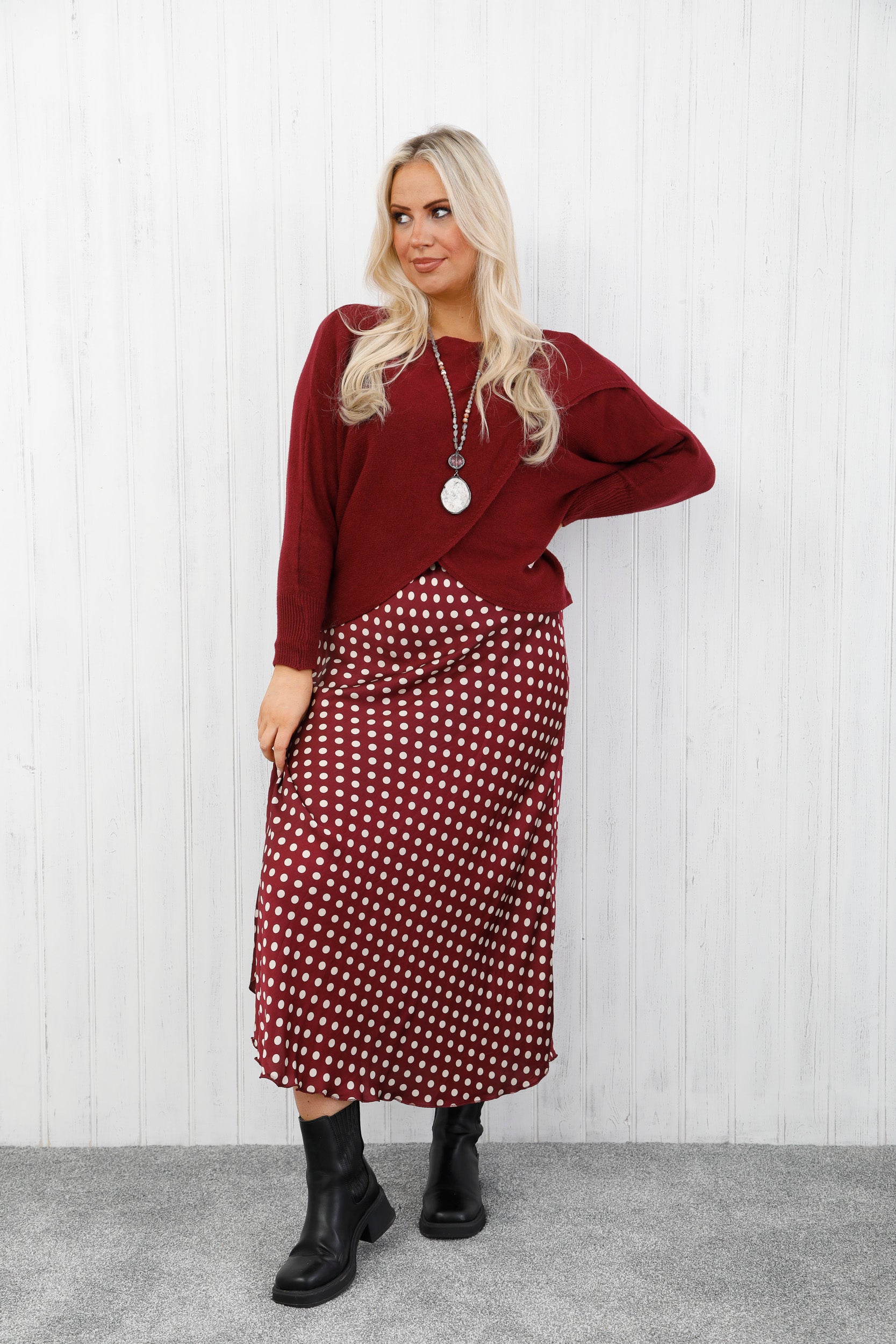 Polka Dot Satin Skirt Burgundy