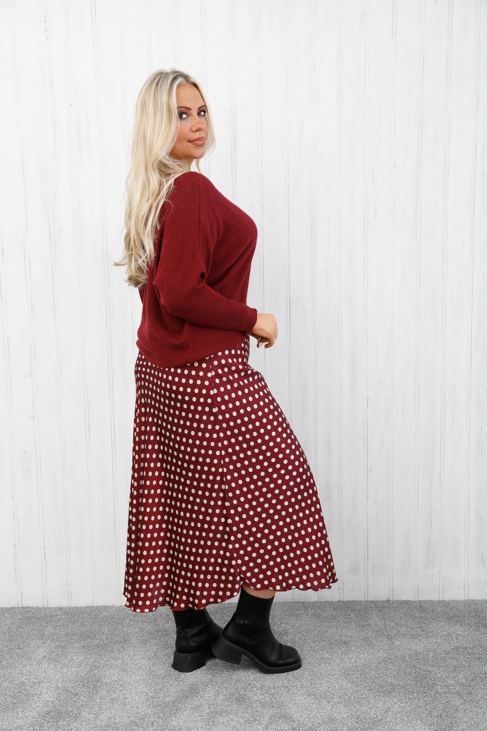 Polka Dot Satin Skirt Burgundy
