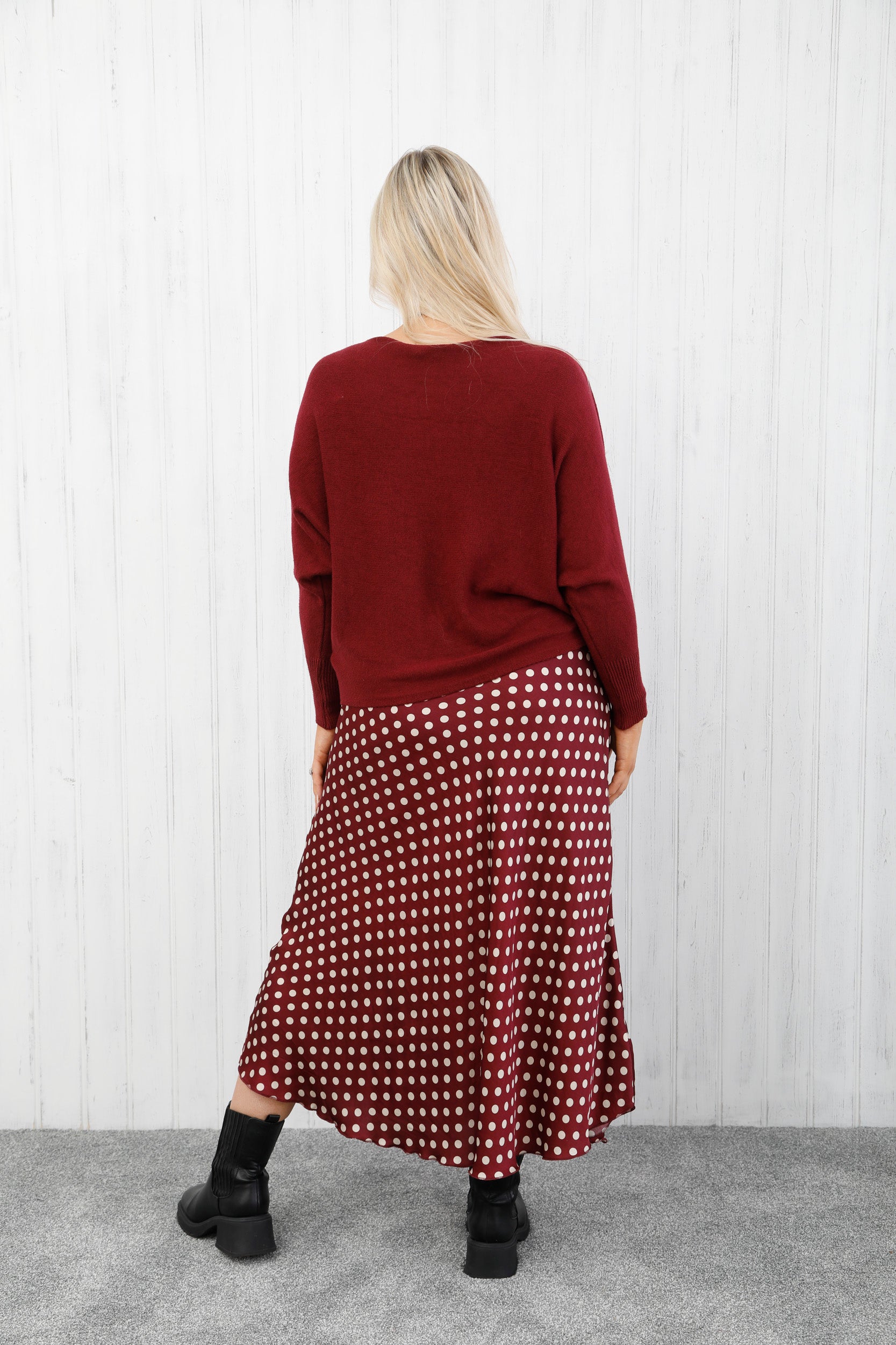 Polka Dot Satin Skirt Burgundy