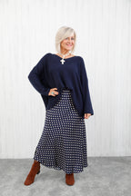 Polka Dot Satin Skirt Navy