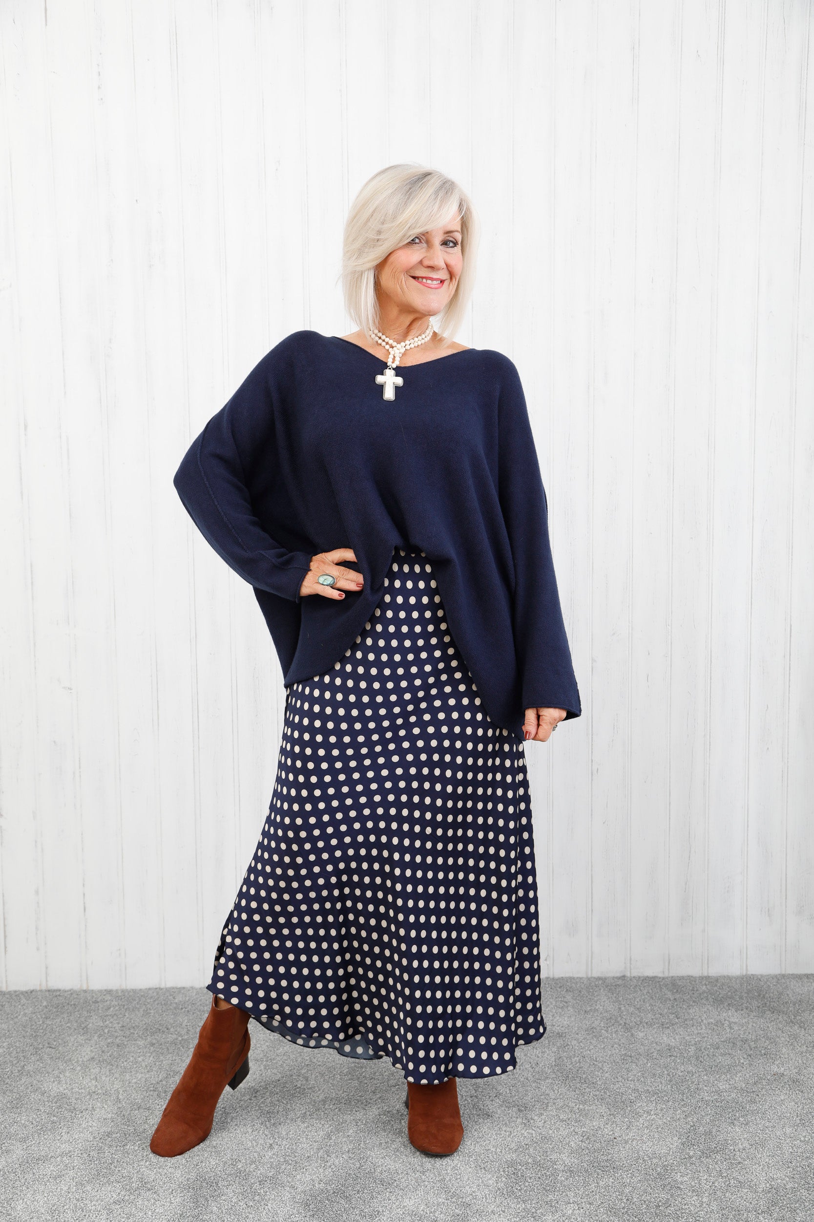 Polka Dot Satin Skirt Navy