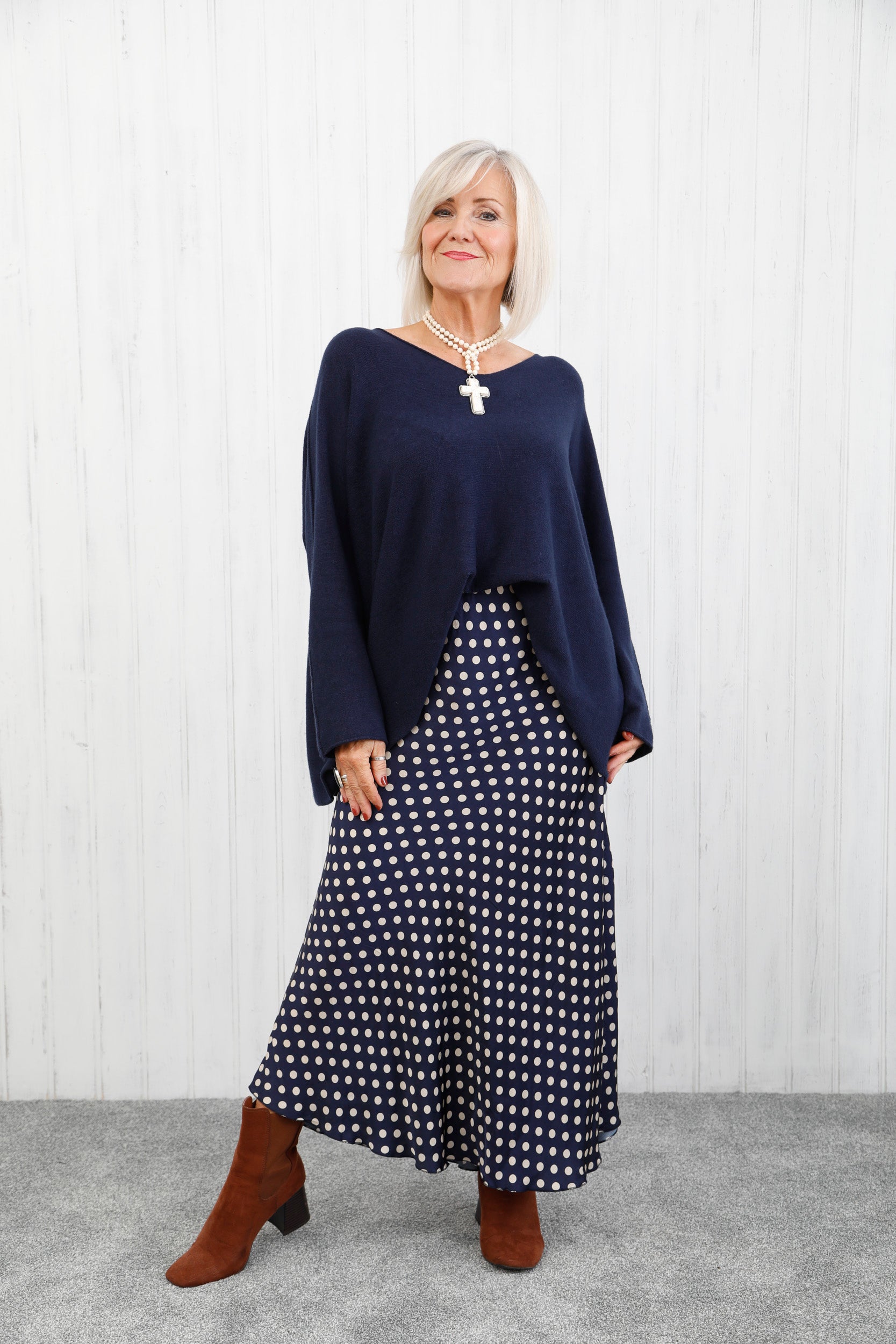 Polka Dot Satin Skirt Navy
