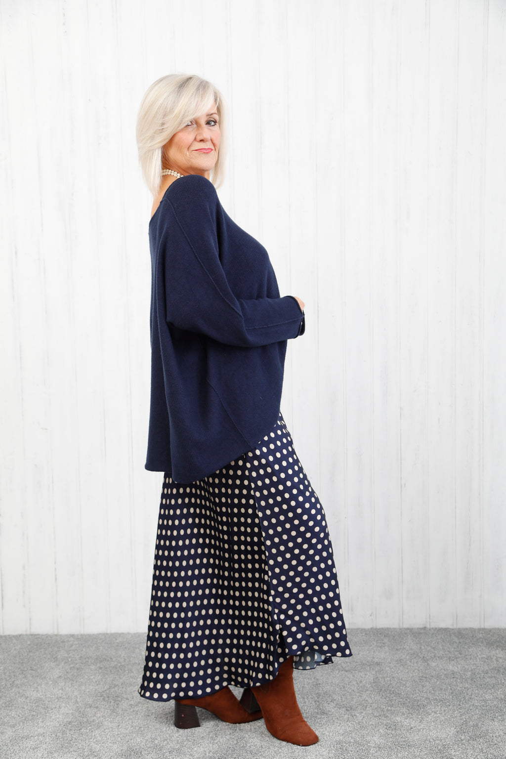 Polka Dot Satin Skirt Navy
