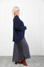 Polka Dot Satin Skirt Navy