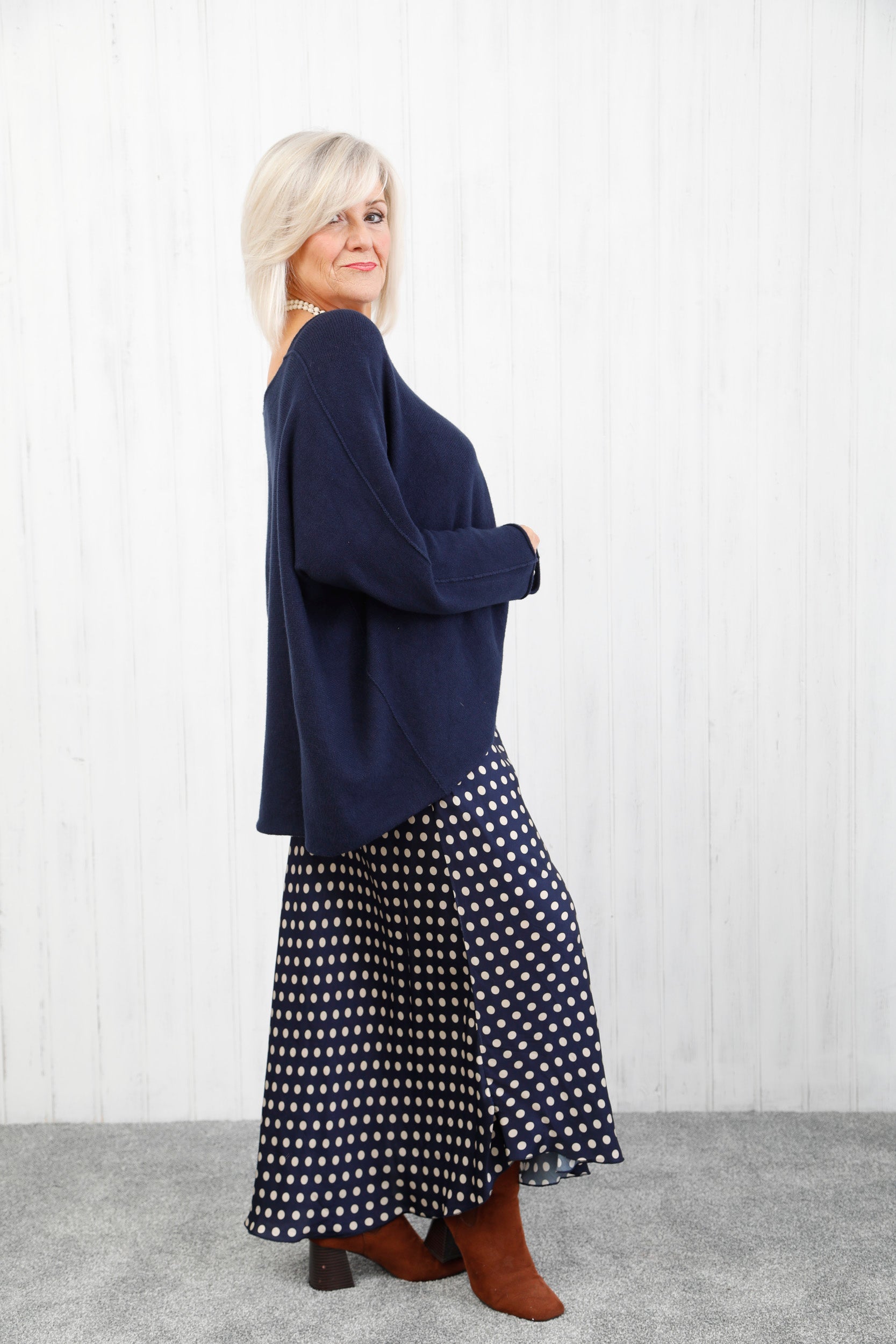 Polka Dot Satin Skirt Navy