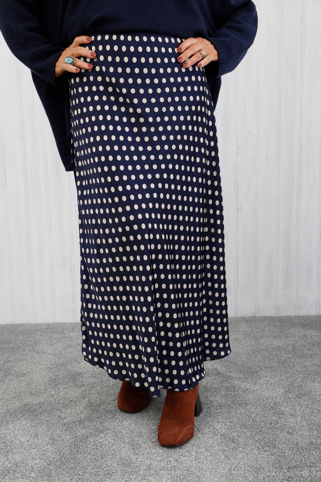 Polka Dot Satin Skirt Navy