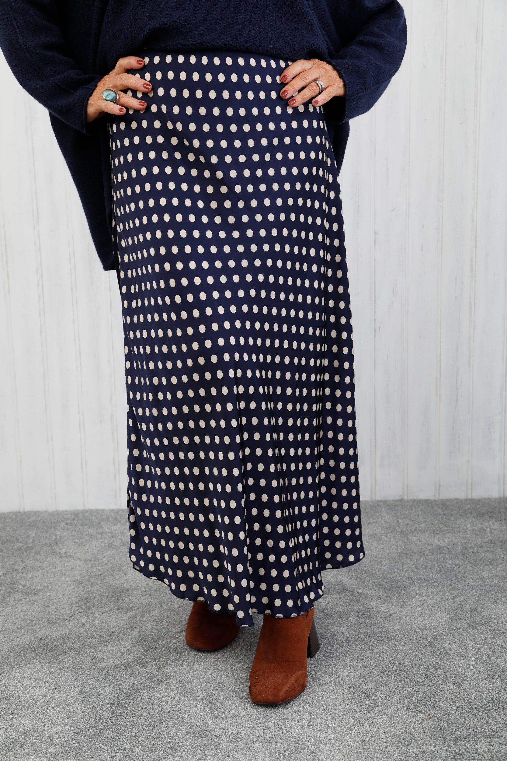 Polka Dot Satin Skirt Navy