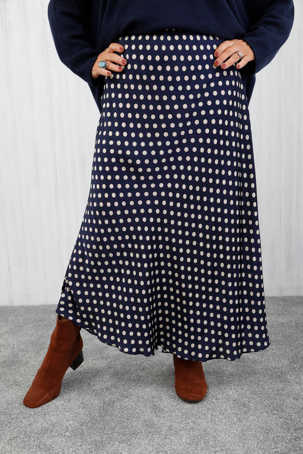 Polka Dot Satin Skirt Navy