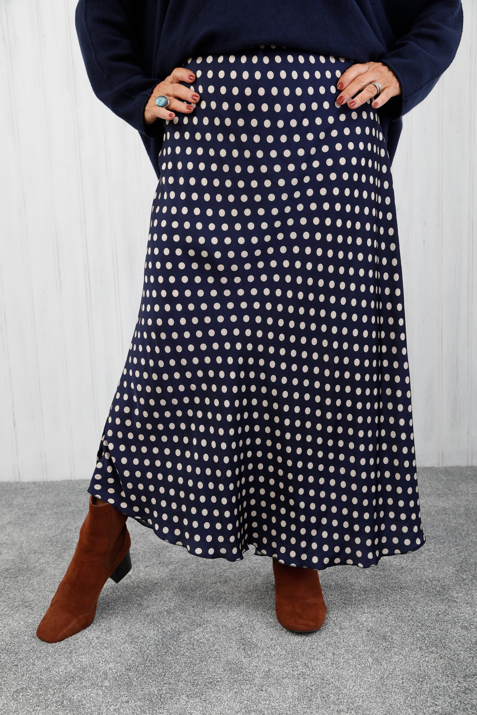 Polka Dot Satin Skirt Navy