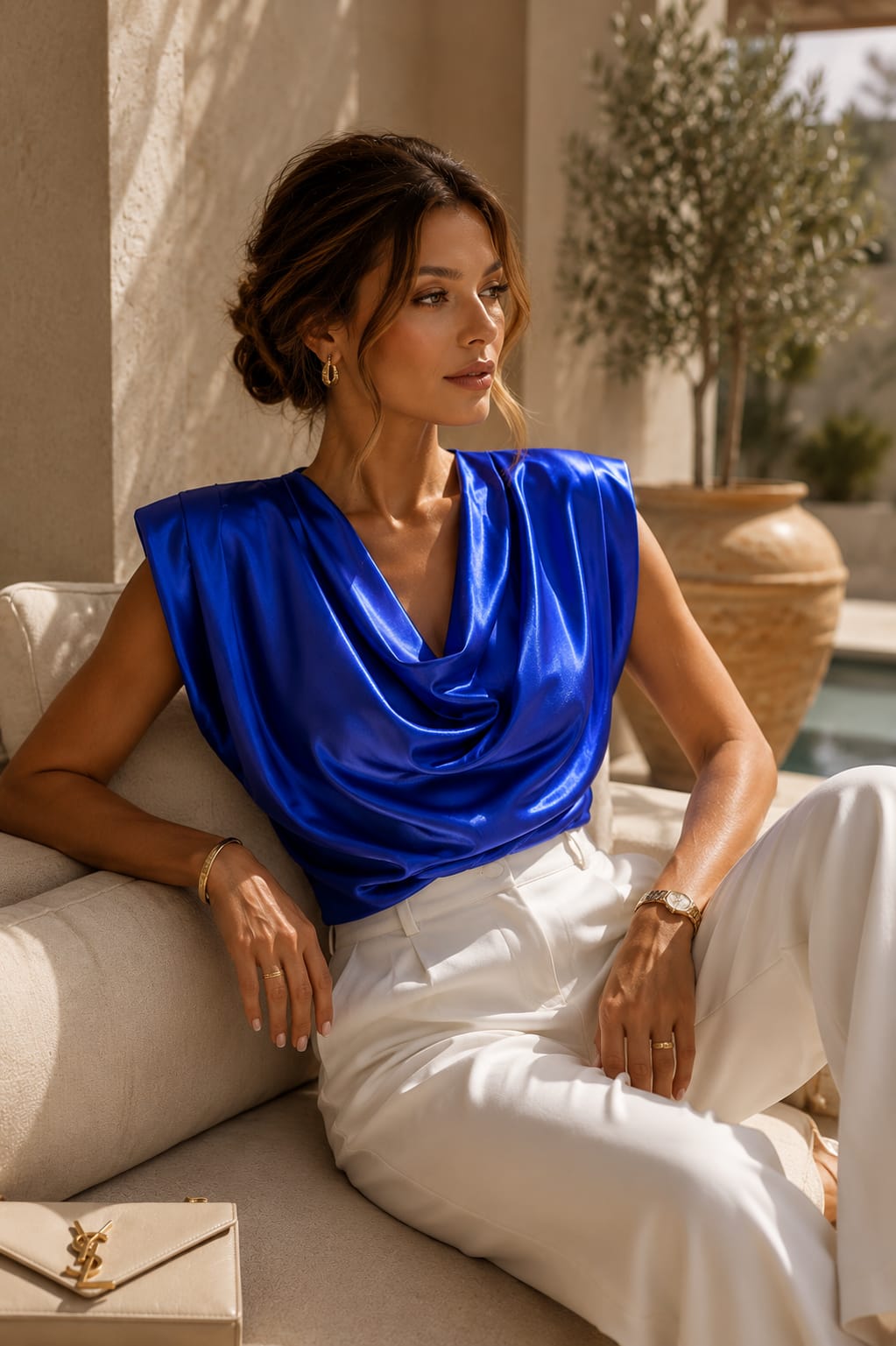 Satin Look Cowl Top Blue