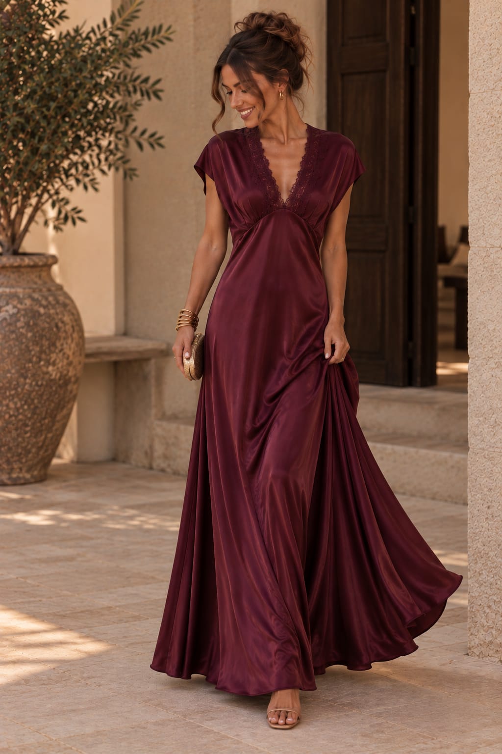 Chérie Satin Lace Dress Burgundy