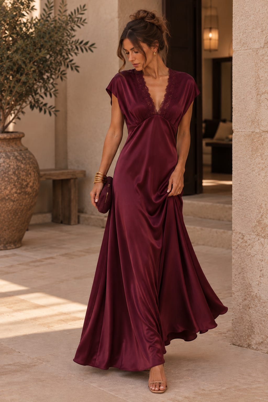 Chérie Satin Lace Dress Burgundy