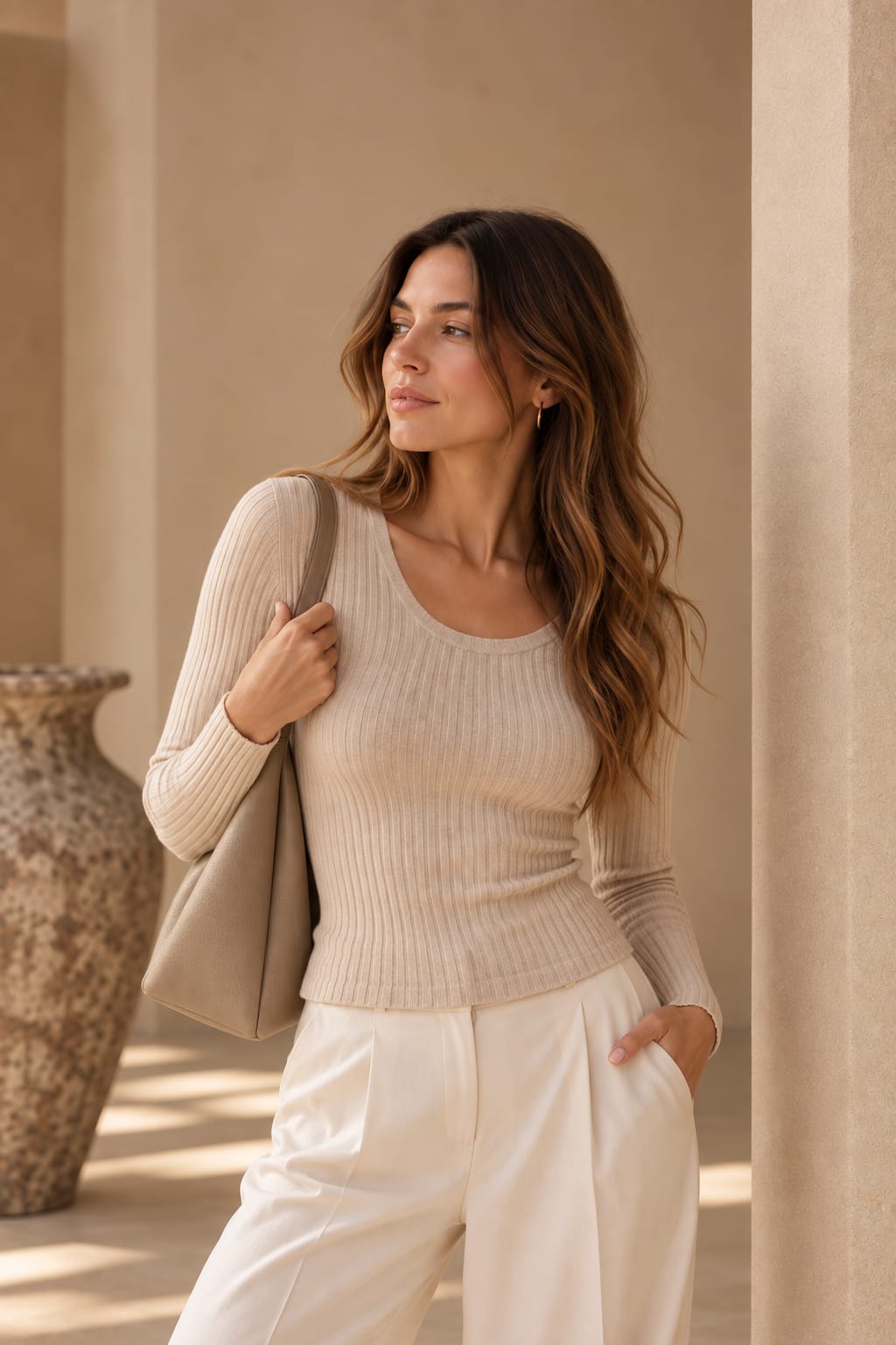 The One Ribbed Top Beige
