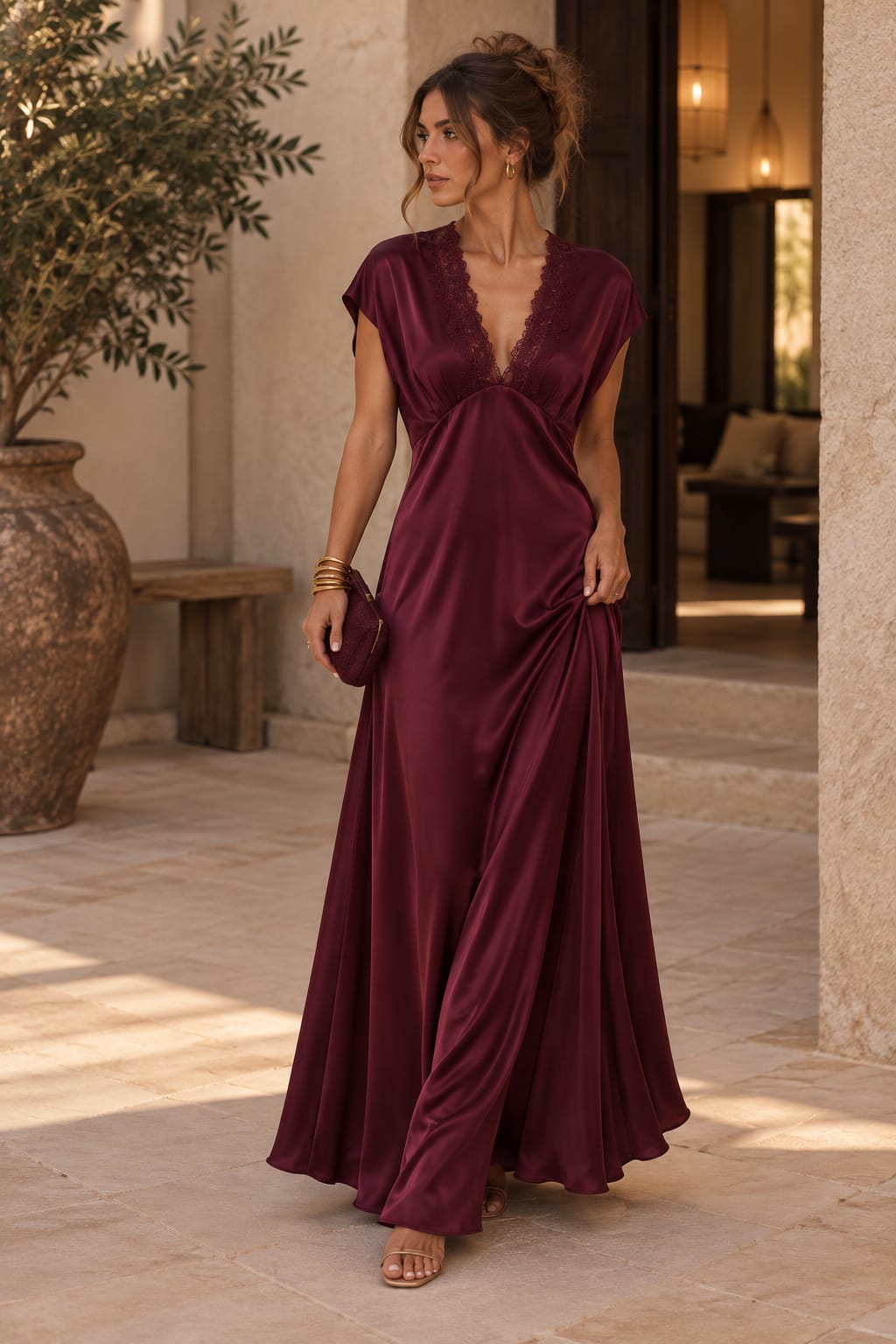 Chérie Satin Lace Dress Burgundy