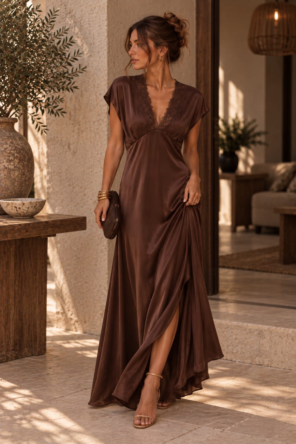 Chérie Satin Lace Dress Chocolate
