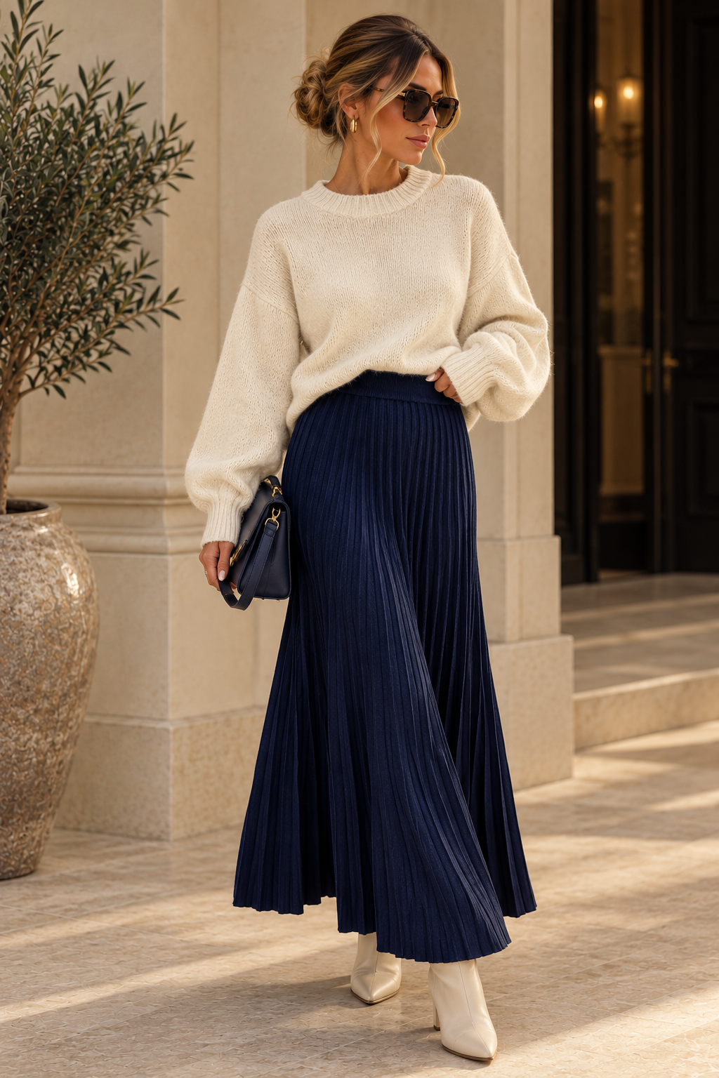 Amara Pleated Knit Skirt Navy