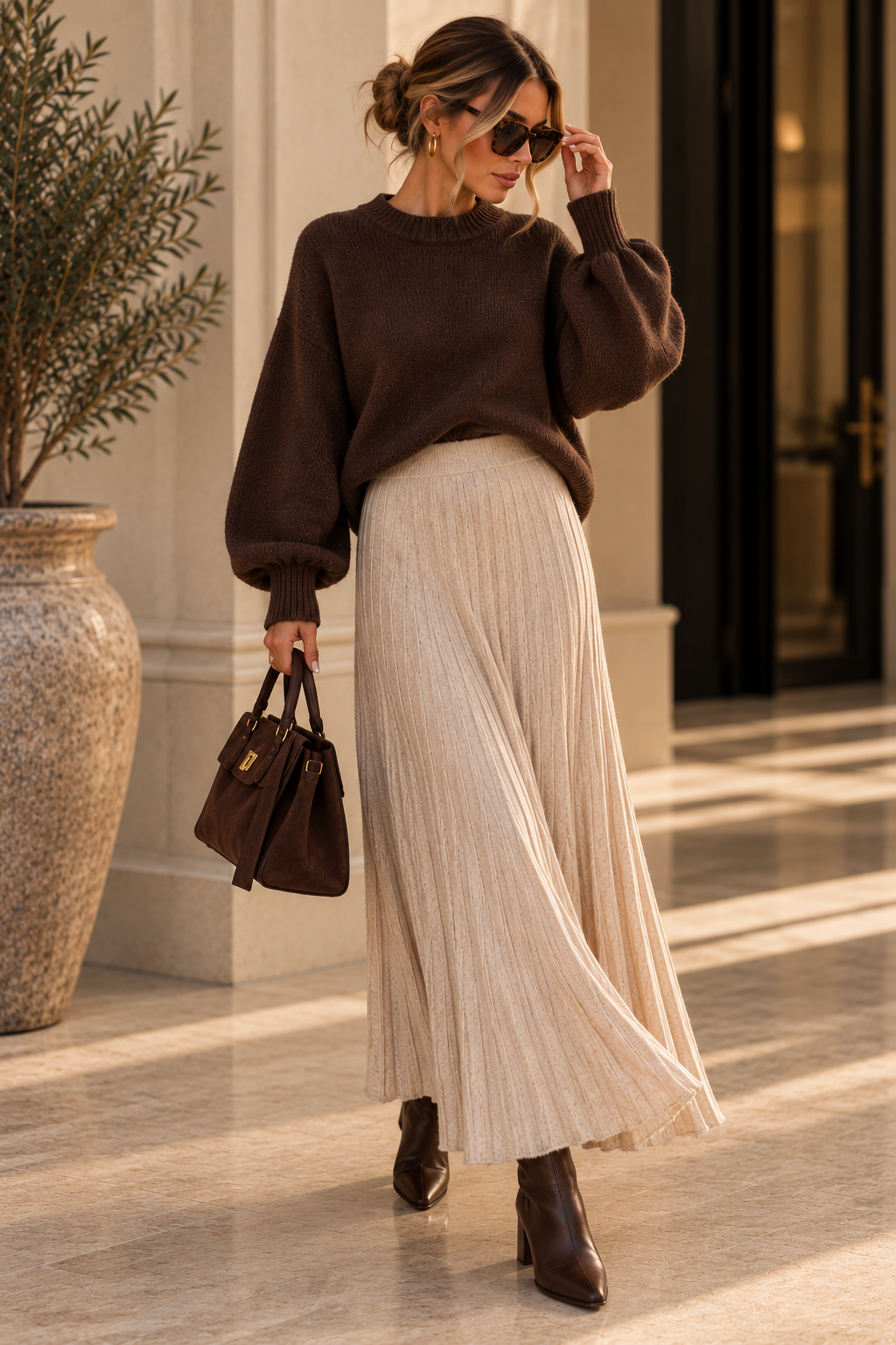 Amara Pleated Knit Skirt Stone